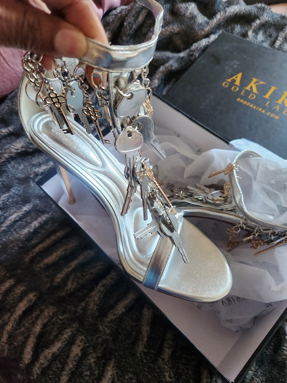 AKIRA Silver Key Charm Stiletto Sandals
